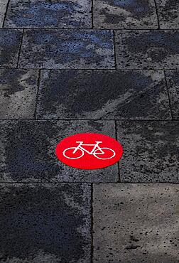 Red cycle path marking on wet pavement, Ribeira Grande, Sao Miguel Island, Azores, Portugal, Europe