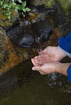 Hiker washing his hands at the fountain to the path to Rocha da Relva, Sao Miguel Island, Azores, Portugal, Europe