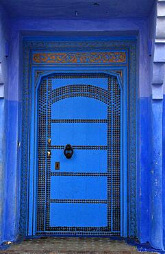 Blue Door in Blue City Chefchaouen, Northern Morocco, Tangier-Tetouan-Al Hoceima Region, Morocco, Africa