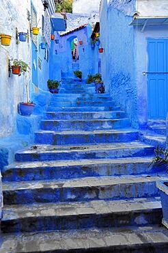 Blue Stairs in Blue City Chefchaouen, Northern Morocco, Tangier-Tetouan-Al Hoceima Region, Morocco, Africa