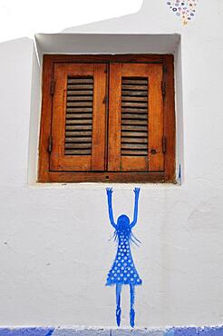 Mural with girl and window, Asilah, Northern Morocco, Tangier-Tetouan-Al Hoceima region, Morocco, Africa