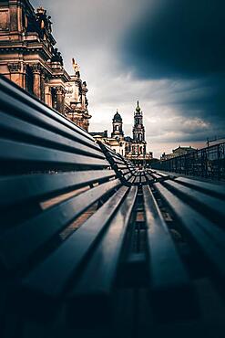 Benches on the banks of the Elbe with Historical Buildings, Dresden, Saxony, Germany, Europe