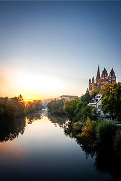 Late Romanesque and early Gothic Limburg Cathedral of Saint George or Georgsdom over the Lahn, morning with fog and sunrise, Limburg an der Lahn, Hesse, Germany, Europe