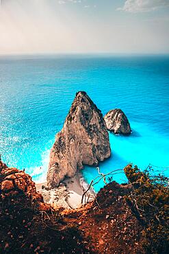 Two rocks rising out of the sea, coastal landscape above a cliff, near Mizithres, Keri, Zakynthos Island, Greece, Europe