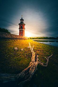 Lower Great Pond, lake with lighthouse, branch, sun, Moritzburg, Saxony, Germany, Europe