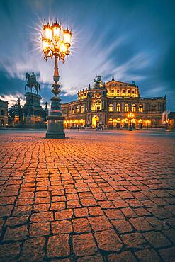 Theatre Square with Semper Opera House and Equestrian Monument at Dusk, Dresden, Saxony, Germany, Europe