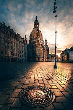 Church of Our Lady in sunrise with gully cover and lantern, Neumarkt, Dresden, Saxony, Germany, Europe