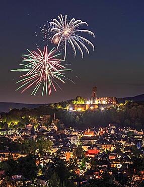 View over an old town with castle and fireworks, Koenigstein, Taunus, Hesse, Germany, Europe