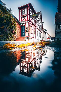 Historic old town, narrow half-timbered house, forge, reflected in a puddle, Seligenstadt Hesse, Germany, Europe