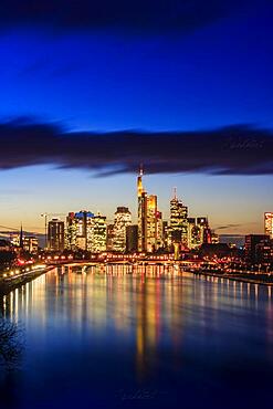 View over the Main river. Frankfurt am Main skyline at night, long exposure, Frankfurt am Main, Hesse, Germany, Europe