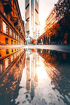 Reflection of the Commerzbank skyscraper or Commerzbank Tower at rain, architects Foster and Partners, Frankfurt am Main, Hesse, Germany, Europe