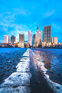 Skyline view, empty street in the morning with clouds, mittellienie, Untermainbruecke, Frankfurt, Hesse, Germany, Europe