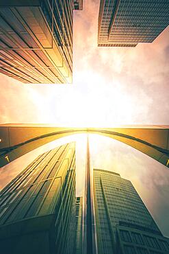 Skyscrapers reflected in a pane of glass, Frankfurt am Main, Hesse, Germany, Europe