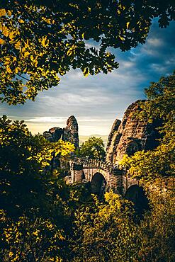 Sunrise at the Bastei Bridge, Bastei near Rathen, Elbe Sandstone Mountains, National Park Saxon Switzerland, Saxony, Germany, Europe