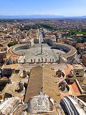 View from the dome of the Basilica of San Pietro or St Peter's Basilica onto St Peter's Square and Via della Conciliazione, Vatican City State, Vatican, Rome, Lazio, Italy, Europe