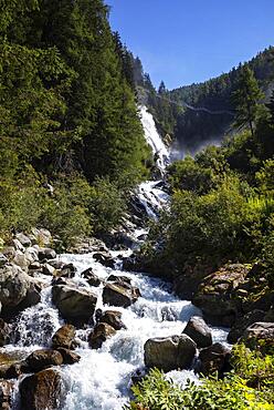 Hiking trail over a suspension bridge along the Stuibenfall near Umhausen, Oetztal, Tyrol, Austria, Europe