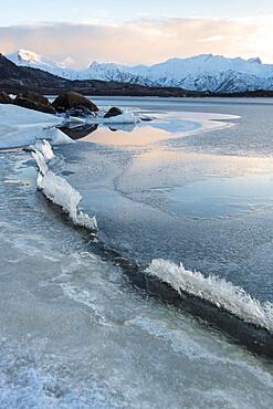 Frozen Fjord, Vatnfjorden, Nordpollen, Vagan, Lofoten, Norway, Europe