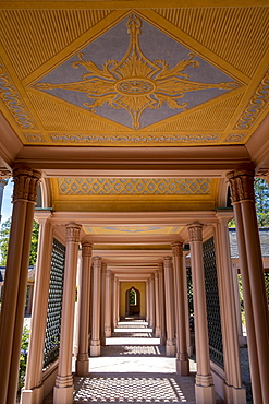 Walkway, prayer aisle, at the Red Mosque of Pigage, garden mosque, in Schwetzingen Palace Gardens, Baden-Wuerttemberg, Germany, Europe