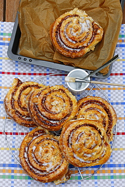 Swabian cuisine, baking, cinnamon roll on cooling rack, baking tray, brush to brush with glaze, sweet yeast dough pastry with nuts, crumbles and icing, Danish pastry, sweet pastries, Germany, Europe