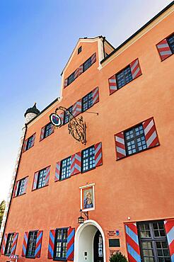 Facade, the pink town hall, Unterthingau, Allgaeu, Bavaria, Germany, Europe