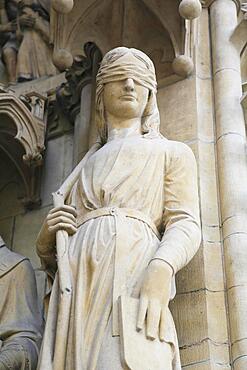 Figure of the Synagoga on the facade of Saint-Etienne Cathedral or St. Stephen's Cathedral, Metz, Moselle, France, Europe