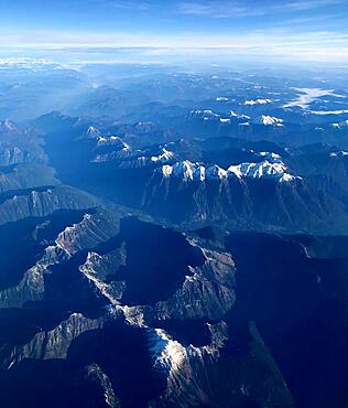 View of mountain landscape with snow-capped peaks, aerial view, Rocky Mountains, Canada, North America