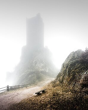 Fog at Chateau du Girsberg in Alsace, France, Europe