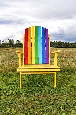 Yellow wooden chair, back painted in rainbow colours, standing in a meadow, oversized, dreary, rainy weather, Gotland Island, Sweden, Europe