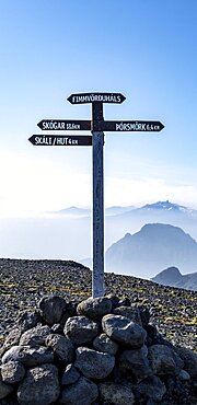 Sign with inscription Skogar and Porsmoerk at the hiking trail Fimmvoerouhals, Porsmoerk Nature Reserve, Suourland, Iceland, Europe