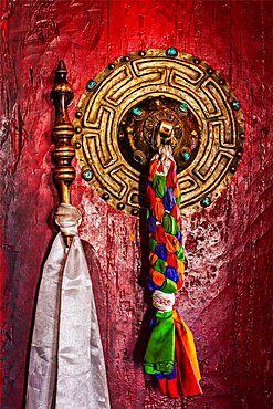 Door handle of gate door of gompa, Tibetan Buddhist monastery. Diskit, Nubra valley, Ladakh, India, Asia