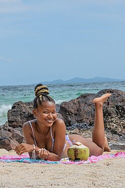 Young dark-skinned woman with bikini on the beach, Koh Larn, Pattaya, Thailand, Asia