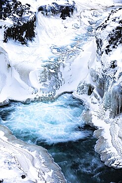 Icy and snow-covered Kolugljufur Canyon, Northern Iceland Vestra, Iceland, Europe