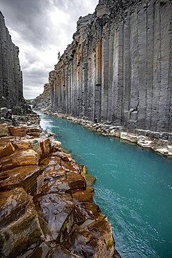 Stuolagil Canyon, turquoise river between basalt columns, Egilsstadir, Iceland, Europe