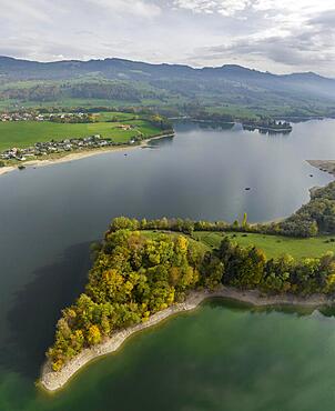 Shore jutting into Lac de Gruyere, Lake Gruyere, reservoir, aerial view, Fribourg, Switzerland, Europe