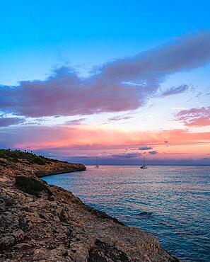 Sunset over Cala Mendia, Porto Cristo, Majorca, Spain, Europe