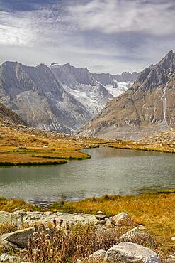 Maerjelensee with Aletsch area, Alpine panorama, Fiescheralp, Valais, Switzerland, Europe