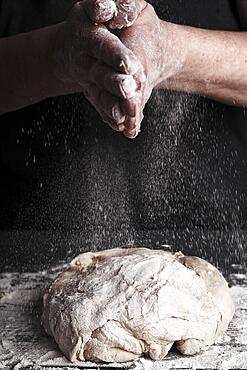 Cooking dough by elderly woman cook hands for homemade pastry bread, pizza, pasta recipe preparation on table background