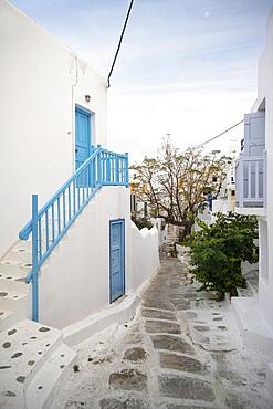 Cycladic white houses with blue shutters, alleys of the old town Chora, Mykonos Town, Mykonos, Cyclades, Greece, Europe