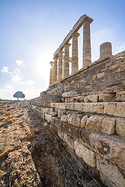 Ruin and columns of the ancient Temple of Poseidon, Cape Sounion, Attica, Greece, Europe