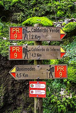 Hiking sign, Levada, PR9 Levada do Caldeirao Verde, Madeira, Portugal, Europe