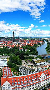 Aerial view of Ulm on the Danube with a view of Ulm Cathedral. Ulm, Tuebingen, Baden-Wuerttemberg, Germany, Europe