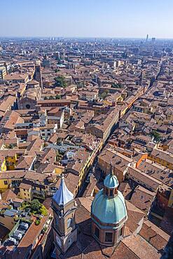 View from the Asinelli Tower over the roofs of residential buildings in the old town, Bologna, Emilia-Romagna, Italy, Europe