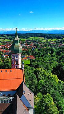 Aerial view of Andechs Monastery with the Alps in the background. Andechs, Starnberg, Upper Bavaria, Bavaria, Germany, Europe