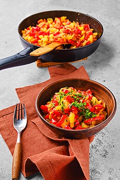 Vegetable ragout in rustic clay bowl