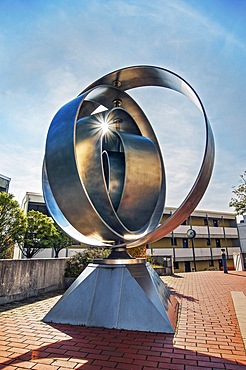 Artwork, Olympic Rings by Ruth Kiener-Flamm 1972, new version by Peter Schwenk 2000 in the former Olympic Village, Munich, Bavaria, Germany, Europe