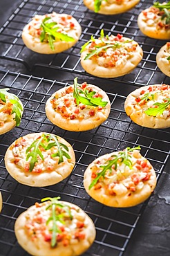 Small tarte flambee or mini pizza with onion, bacon and arugula on black background