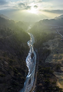 Sunset, Salgina, river in Praettigau, drone shot, Schuders, Schiers, Graubuenden, Switzerland, Europe