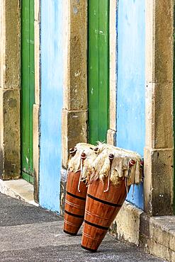 Ethnic drums also called atabaques on the streets of Pelourinho, the historic center of the city of Salvador in Bahia, Brasil