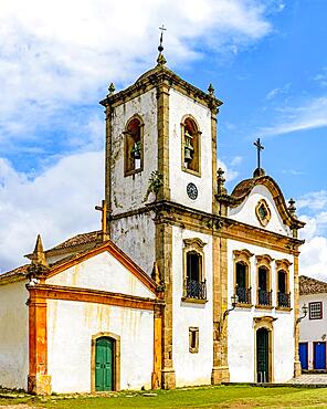 Facade of famous historic church in the ancient city of Paraty on the south coast of Rio de Janeiro, Brazil, Brasil, South America