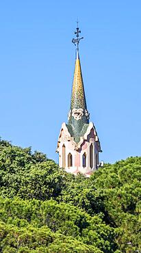 Tower of the Casa Museu Gaudi, Park Gueell, Antoni Gaudi's park, Barcelona, Catalonia, Spain, Europe